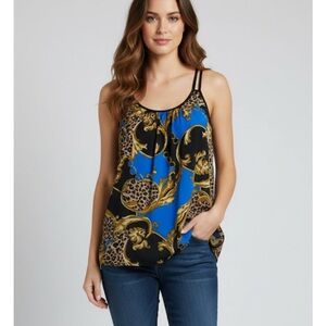 PANHANDLE SLIM Floral Animal Print Top, Women’s M, Blue Brown